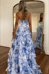 Dreamyannie White Blue Prom Dress Flower Tiered Sweetheart Corset Long Evening Dress
