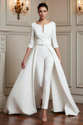 Dreamyannie White Boat Neck Floor Length Mother Of The Bride Jumpsuits With Cape