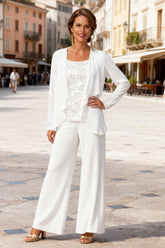 Dreamyannie White Chiffon Round Neck 3 Piece Mother Of The Bride Pant Suits With Jacket