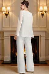 Dreamyannie White Chiffon Square Neck 3 Piece Mother Of The Bride Pant Suits With Jacket