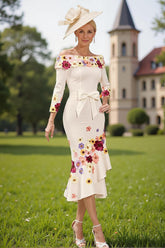 Dreamyannie White Flower Off The Shoulder Tea Length Mother Of The Bride Dress With Bow