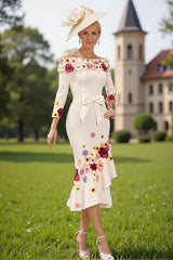 Dreamyannie White Flower Off The Shoulder Tea Length Mother Of The Bride Dress With Bow