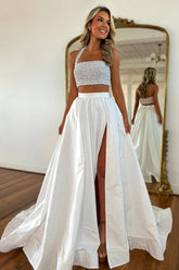 Dreamyannie White Prom Dress 2 Piece Beaded Satin Long Formal Dress With Slit