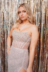 Dreamyannie White Prom Dress Mermaid Strapless Evening Dress With Slit