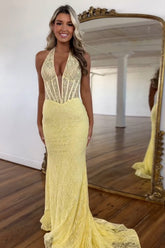 Dreamyannie Yellow Prom Dress Lace Mermaid Halter Corset Long Evening Dress