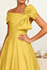 Dreamyannie Yellow Satin A Line Ankle Length Mother Of The Bride Dress With Bow
