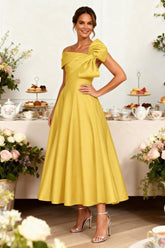 Dreamyannie Yellow Satin A Line Ankle Length Mother Of The Bride Dress With Bow