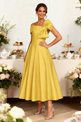 Dreamyannie Yellow Satin A Line Ankle Length Mother Of The Bride Dress With Bow