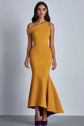 Dreamyannie Yellow Satin One Shoulder Ankle-Length Formal Dress