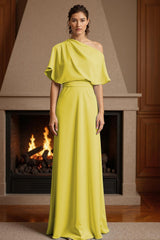 Dreamyannie Yellow Satin Sheath One Shoulder Floor Length Mother Of The Bride Dress
