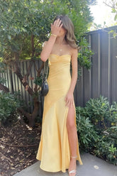 Dreamyannie Yellow Satin Spaghetti Straps Long Ruched Prom Dress With Slit Formal Evening Gown