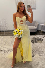 Dreamyannie Yellow Sweetheart Lace Up Cutout Prom Dress With Lace Details Formal Evening Gown