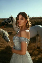 Dusty Blue Prom Dress A Line Off The Shoulder Sleeveless Lace Tulle Formal Dress With Sequins