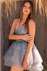 Dusty Blue Prom Dress A Line Strapless Sleeveless Sequined Tulle Short Formal Dress With Appliques