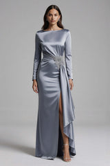 Dusty Blue Satin Mermaid Backless Long Sleeves Prom Dress With Slit