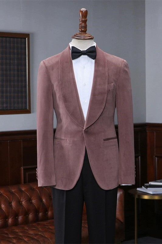 Dusty Pink Velvet Shawl Lapel Close Fitting Wedding Suit for Men