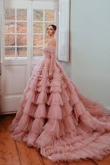 Dusty Rose A Line Strapless Off The Shoulder Sleeves Sweep Train Ball Gown Tulle Formal Dress