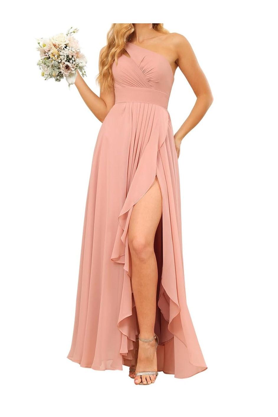 Dusty Rose One Shoulder Bridesmaid Dress Chiffon Wedding Guest Dress