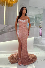 Dusty Rose Strapless Sequined Lace Formal Dress With Slit