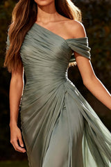Dusty Sage One Shoulder Chiffon Ruched Long Prom Dress With Side Cape