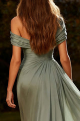 Dusty Sage One Shoulder Chiffon Ruched Long Prom Dress With Side Cape
