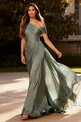 Dusty Sage One Shoulder Chiffon Ruched Long Prom Dress With Side Cape