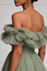 Dusty Sage Wedding Guest Dress Tulle A Line Long Evening Dress With Ruffles