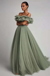 Dusty Sage Wedding Guest Dress Tulle A Line Long Evening Dress With Ruffles