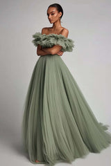 Dusty Sage Wedding Guest Dress Tulle A Line Long Evening Dress With Ruffles
