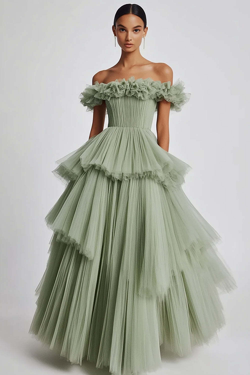 Dusty Sage Wedding Guest Dress Tulle Off The Shoulder Ball Gown Evening Dress With Ruffles