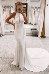 Effortless Simple White Halter Open Back Long Beach Wedding Dress