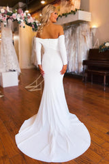 Effortlessly Simple White Boho Mermaid Long Beach Wedding Dress with Sleeves