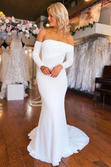 Effortlessly Simple White Boho Mermaid Long Beach Wedding Dress with Sleeves