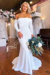 Effortlessly Simple White Boho Mermaid Long Beach Wedding Dress with Sleeves