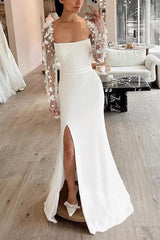 Elastic Satin Beach Wedding Dresses With Split Front Long Sleeves Column Square Neckline