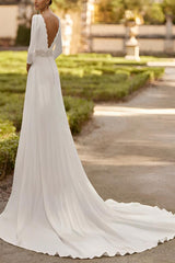 Elastic Satin Wedding Dress with A-Line 3/4 Sleeves and Court Train