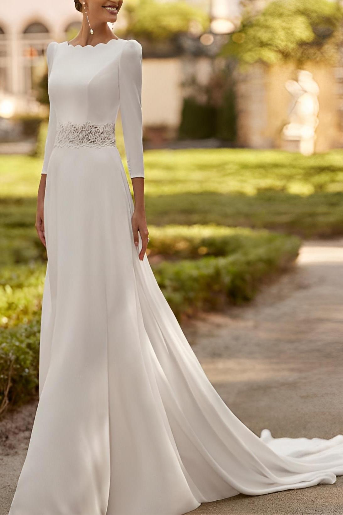 Elastic Satin Wedding Dress with A-Line 3/4 Sleeves and Court Train