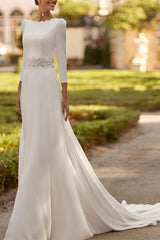 Elastic Satin Wedding Dress with A-Line 3/4 Sleeves and Court Train