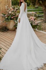 Elastic Satin Wedding Dresses Scoop Neck Long Sleeves Court Train