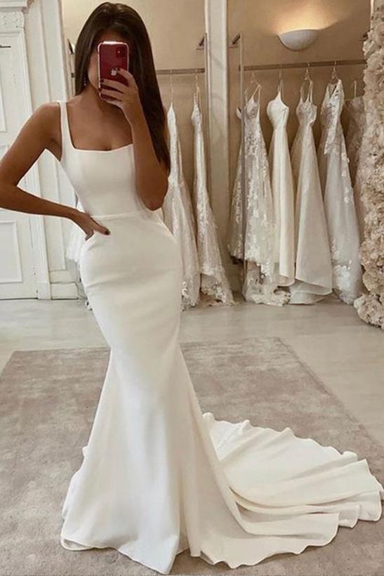 Elastic Satin Wedding Dresses with Mermaid Square Neckline and Sleeveless