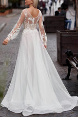 Elegant A-Line Long Sleeves Sweep Train Lace Tulle Wedding Dresses