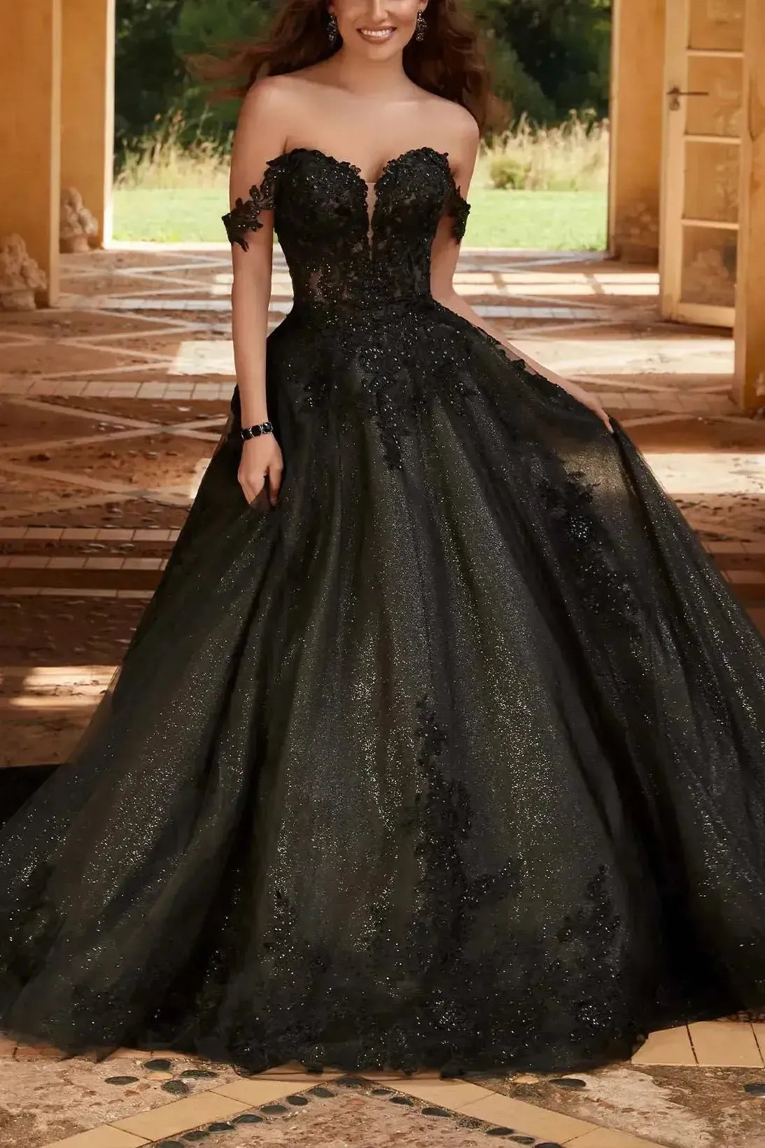 Elegant A Line Off the Shoulder Chapel Train Satin Tulle Wedding Dress with Lace