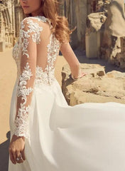 Elegant A-Line V-neck Beach Wedding Dresses With Long Sleeves and Split Front