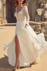 Elegant A-Line V-neck Beach Wedding Dresses With Long Sleeves and Split Front