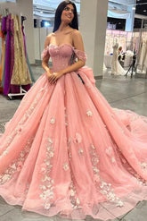 Elegant Ball Gown Off Shoulder 3D Flower Lace Appliques Pink Tulle Quinceanera Dress For Sweet 16