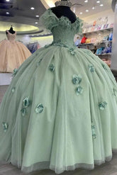 Elegant Ball Gown Off Shoulder Beaded 3D Flower Appliques Mint Green Tulle Quinceanera Dress For Sweet 16