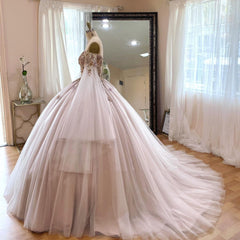 Elegant Ball Gown Off Shoulder Long Sleeves Flowers Appliques Tulle Quinceanera Dress For Sweet 16