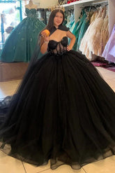 Elegant Ball Gown Strapless Lace Sequins Appliques Black Tulle Quinceanera Dress For Sweet 16