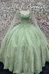Elegant Ball Gown Strapless Straps Sleeveless Appliques Green Tulle Quinceanera Dresses For Sweet 16