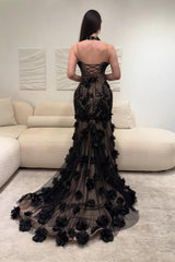 Elegant Black Illusion Floral Halter Mermaid Prom Dress With 3D Appliques Formal Evening Gown